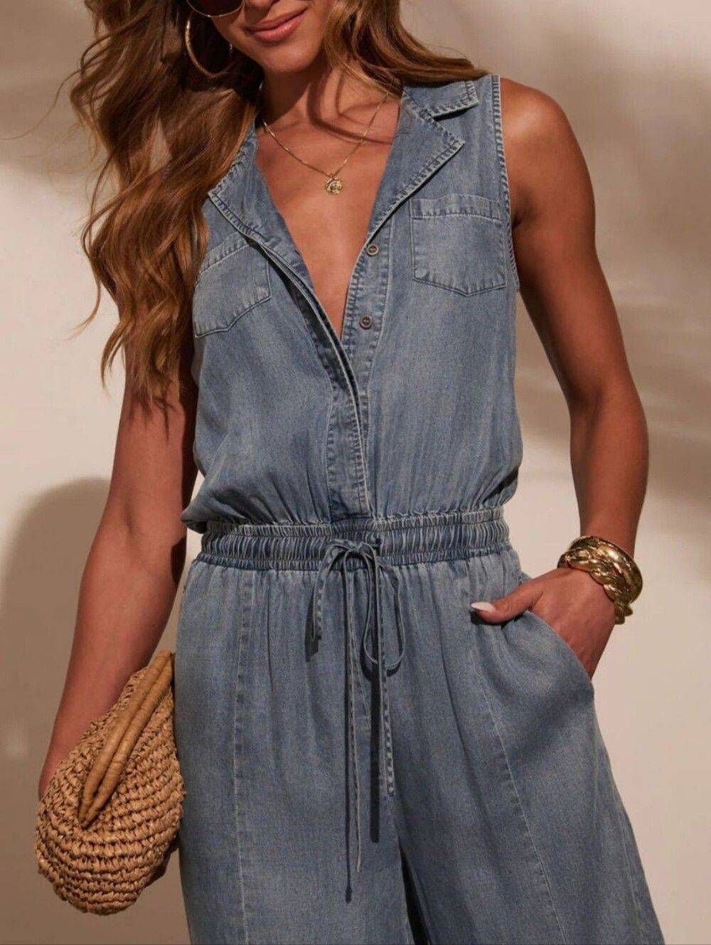 š„3/$180š„SleevelessāDenim Jumpsuit with Drawstring Waist - Blue - Picture 5 of 6